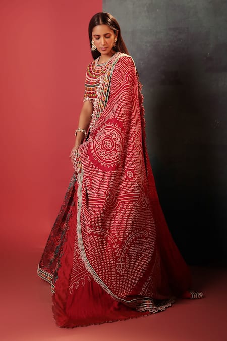 Bandhani_Red Silk Embroidery, Sequins Round Neck Patola Pattern A-line Lehenga Set _Online_at_Aza_Fashions
