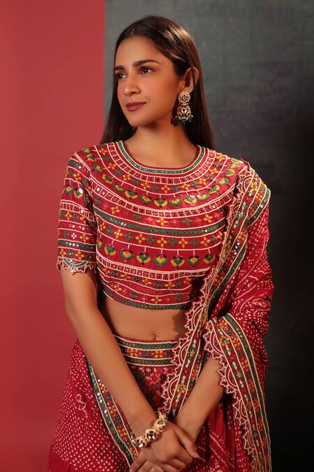 Buy_Bandhani_Red Silk Embroidery, Sequins Round Neck Patola Pattern A-line Lehenga Set _Online_at_Aza_Fashions