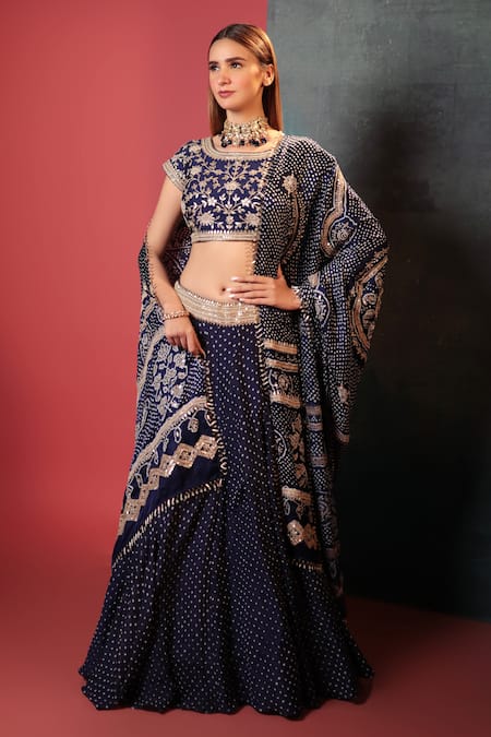 Bandhani Blue Silk Woven Bandhani Round Neck Pattern Lehenga Set  