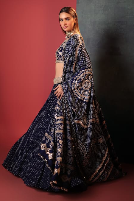 Bandhani_Blue Silk Gota Patti, Beads Round Neck Bandhani Pattern Lehenga Set _Online_at_Aza_Fashions