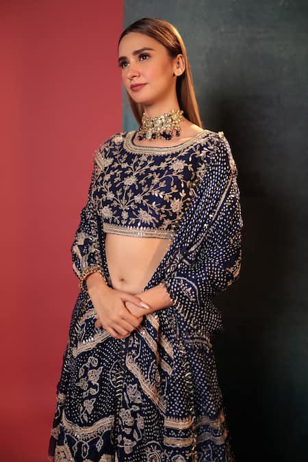 Buy_Bandhani_Blue Silk Gota Patti, Beads Round Neck Bandhani Pattern Lehenga Set _Online_at_Aza_Fashions