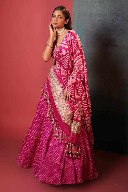 Bandhani_Pink Silk Gota Patti, Embroidery, Beads, Dotted Bandhani Pattern Lehenga Set _Online_at_Aza_Fashions