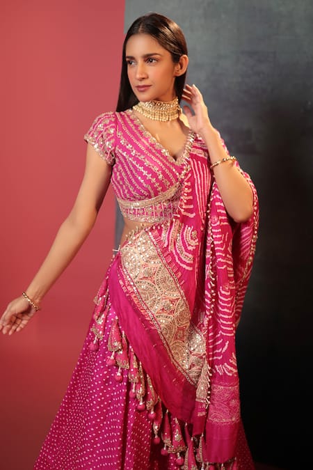 Buy_Bandhani_Pink Silk Gota Patti, Embroidery, Beads, Dotted Bandhani Pattern Lehenga Set _Online_at_Aza_Fashions