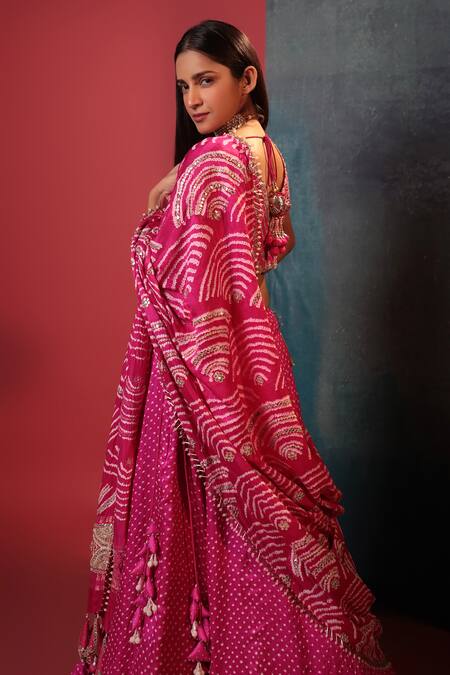Shop_Bandhani_Pink Silk Gota Patti, Embroidery, Beads, Dotted Bandhani Pattern Lehenga Set _Online_at_Aza_Fashions