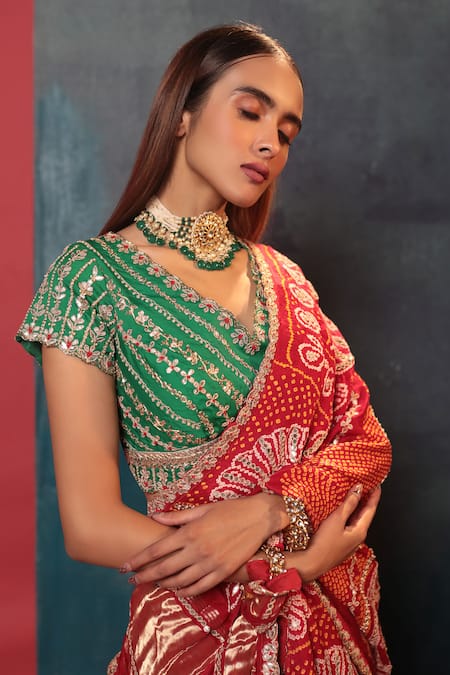 Buy_Bandhani_Green Silk Gota Patti, Embroidery V-neck Floral Patola Pattern Lehenga Set _Online_at_Aza_Fashions