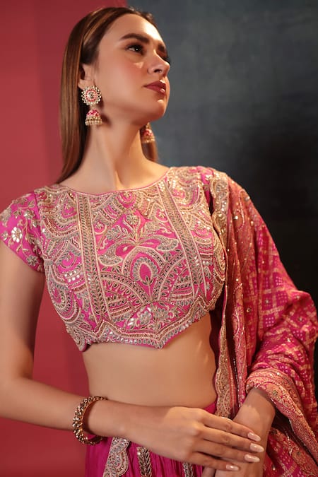 Buy_Bandhani_Pink Silk, Georgette Gota Patti Round Neck Placement Embroidered Lehenga Set _Online_at_Aza_Fashions
