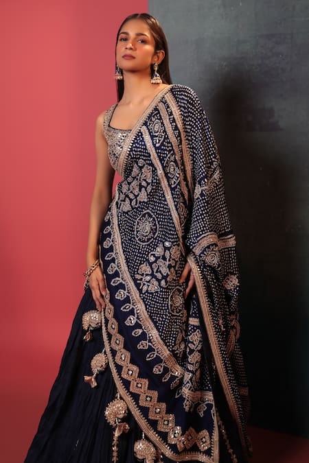 Bandhani_Blue Silk, Georgette Gota Patti V-neck Placement Embroidered A-line Lehenga Set _Online_at_Aza_Fashions