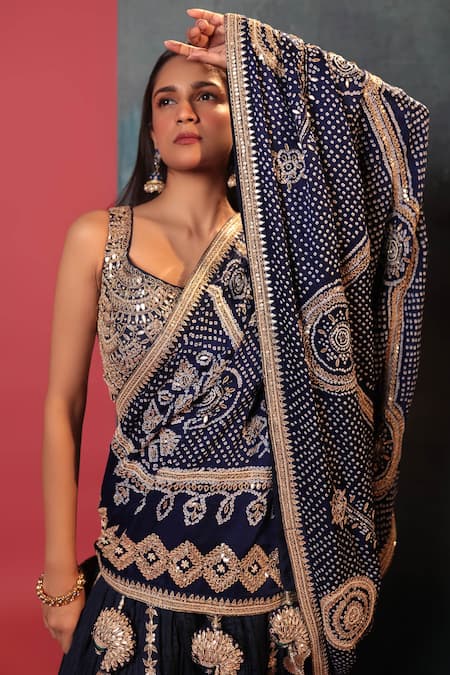 Buy_Bandhani_Blue Silk, Georgette Gota Patti V-neck Placement Embroidered A-line Lehenga Set _Online_at_Aza_Fashions