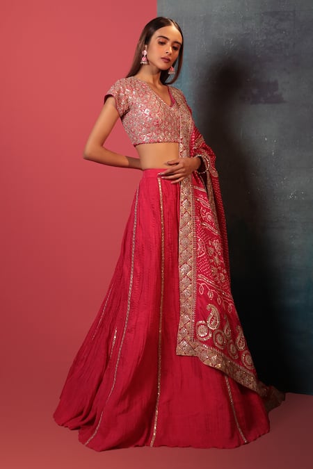 Bandhani_Pink Silk, Georgette Gota Patti V-neck Placement Hand Embellished Lehenga Set _Online_at_Aza_Fashions