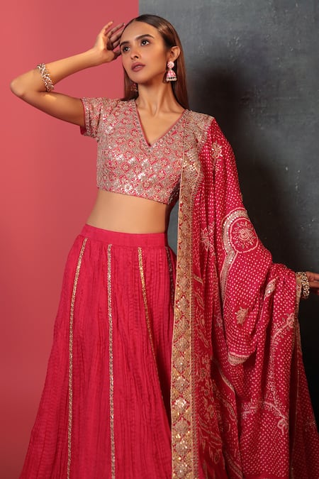Buy_Bandhani_Pink Silk, Georgette Gota Patti V-neck Placement Hand Embellished Lehenga Set _Online_at_Aza_Fashions