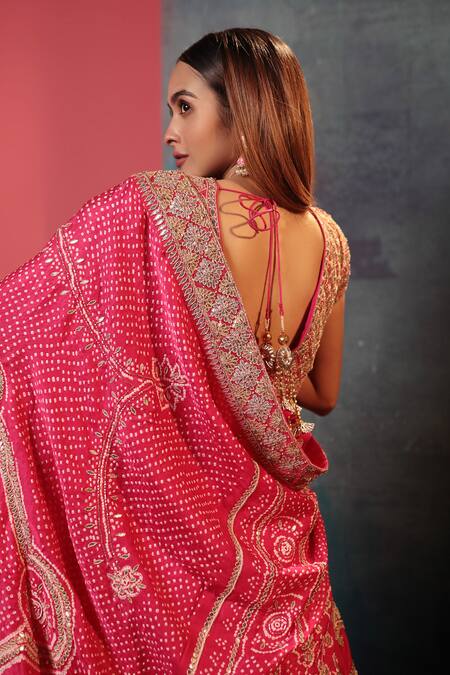 Shop_Bandhani_Pink Silk, Georgette Gota Patti V-neck Placement Hand Embellished Lehenga Set _Online_at_Aza_Fashions