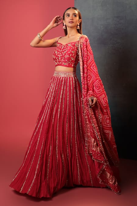 Bandhani_Pink Silk, Georgette Zari, Embroidery, Placement Zardozi Embellished Lehenga Set _Online_at_Aza_Fashions