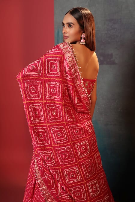 Shop_Bandhani_Pink Silk, Georgette Zari, Embroidery, Placement Zardozi Embellished Lehenga Set _Online_at_Aza_Fashions