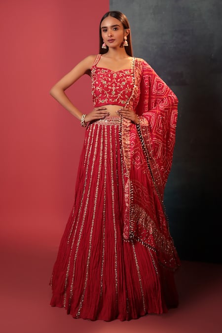 Bandhani_Pink Silk, Georgette Zari, Embroidery, Placement Zardozi Embellished Lehenga Set _at_Aza_Fashions