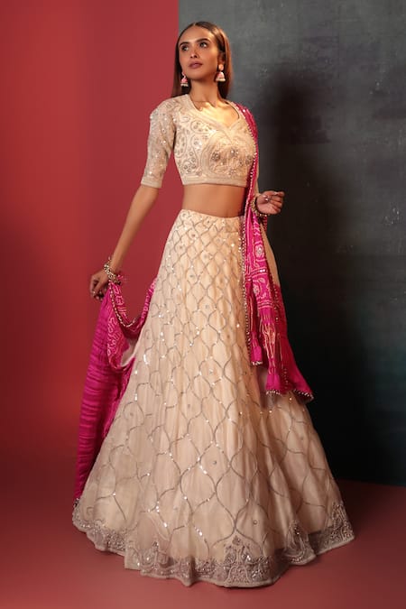 Bandhani Quatrefoil Sequin Embroidered Lehenga Set 