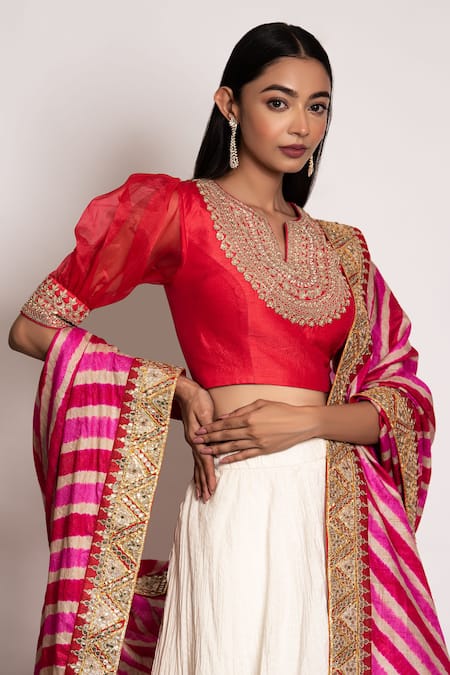 Buy_Bandhani_Off White Silk, Georgette Gota Patti Round Placement Embroidered Lehenga Set _Online_at_Aza_Fashions