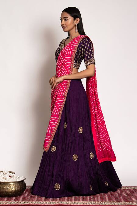 Bandhani_Purple Silk, Georgette Embroidery, Gota Patti Scattered Zardozi Lehenga Set _Online_at_Aza_Fashions