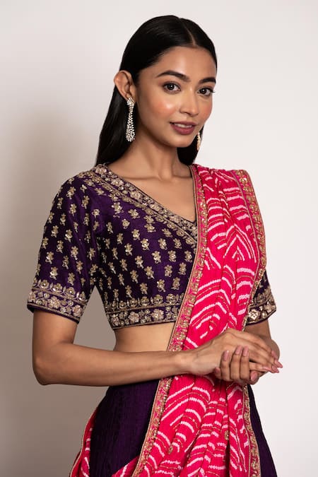 Buy_Bandhani_Purple Silk, Georgette Embroidery, Gota Patti Scattered Zardozi Lehenga Set _Online_at_Aza_Fashions
