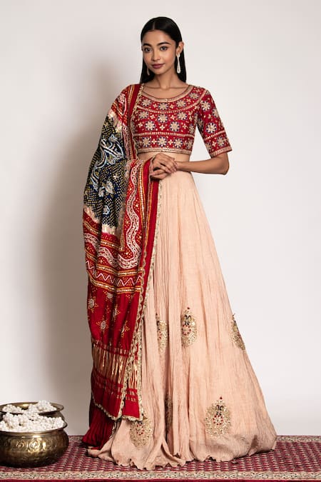 Bandhani_Beige Silk, Georgette Gota Patti, Embroidery Scoop Placement Resham Lehenga Set _Online_at_Aza_Fashions