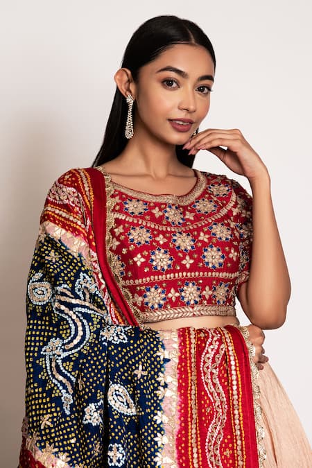 Buy_Bandhani_Beige Silk, Georgette Gota Patti, Embroidery Scoop Placement Resham Lehenga Set _Online_at_Aza_Fashions
