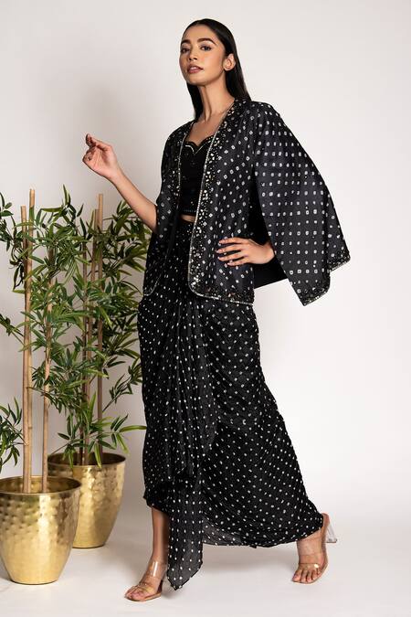 Buy_Bandhani_Black Silk Mirrors, Embroidery Bandhani Pattern Blazer Drape Skirt Set _Online_at_Aza_Fashions