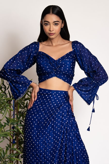 Bandhani Blue Silk Embroidery V-neck Bandhani Pattern Blouse With Draped Skirt Online at Aza Fashions Bandhani_Blue Silk Embroidery V-neck Bandhani Pattern Blouse With Draped Skirt _Online_at_Aza_Fashions