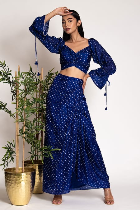 Buy Bandhani Blue Silk Embroidery V-neck Bandhani Pattern Blouse With Draped Skirt Online at Aza Fashions Buy_Bandhani_Blue Silk Embroidery V-neck Bandhani Pattern Blouse With Draped Skirt _Online_at_Aza_Fashions