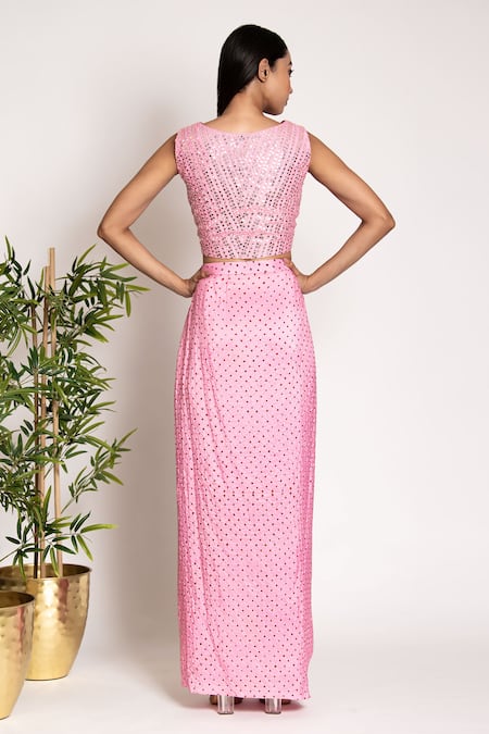 Shop Bandhani Pink Silk, Organza Mirrors Round Neck Bandhani Pattern Draped Skirt Cape Set at Aza Fashions Shop_Bandhani_Pink Silk, Organza Mirrors Round Neck Bandhani Pattern Draped Skirt Cape Set _at_Aza_Fashions
