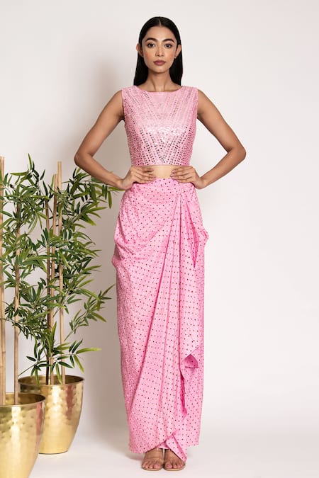 Bandhani Pink Silk, Organza Mirrors Round Neck Bandhani Pattern Draped Skirt Cape Set Online at Aza Fashions Bandhani_Pink Silk, Organza Mirrors Round Neck Bandhani Pattern Draped Skirt Cape Set _Online_at_Aza_Fashions