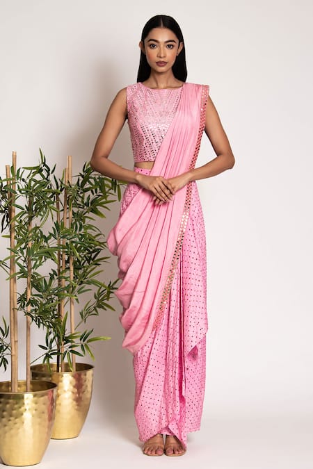 Buy Bandhani Pink Silk, Organza Mirrors Round Neck Bandhani Pattern Draped Skirt Cape Set Online at Aza Fashions Buy_Bandhani_Pink Silk, Organza Mirrors Round Neck Bandhani Pattern Draped Skirt Cape Set _Online_at_Aza_Fashions