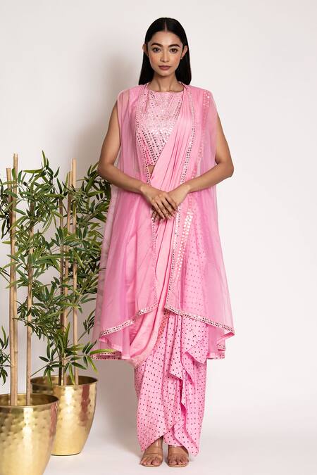 Shop Bandhani Pink Silk, Organza Mirrors Round Neck Bandhani Pattern Draped Skirt Cape Set Online at Aza Fashions Shop_Bandhani_Pink Silk, Organza Mirrors Round Neck Bandhani Pattern Draped Skirt Cape Set _Online_at_Aza_Fashions
