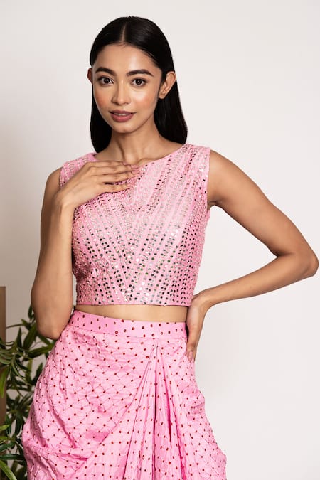 Bandhani Pink Silk, Organza Mirrors Round Neck Bandhani Pattern Draped Skirt Cape Set at Aza Fashions Bandhani_Pink Silk, Organza Mirrors Round Neck Bandhani Pattern Draped Skirt Cape Set _at_Aza_Fashions