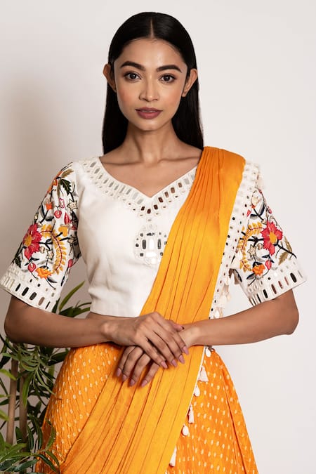 Buy_Bandhani_Yellow Silk Mirrors, Embroidery V-neck Bandhani Pattern Lehenga Set _Online_at_Aza_Fashions