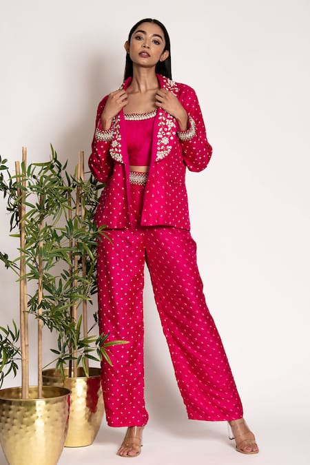 Bandhani Silk Mirrorwork Embellished Blazer Pant Set 