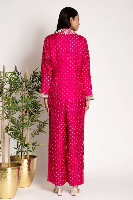 Bandhani Silk Mirrorwork Embellished Blazer Pant Set 