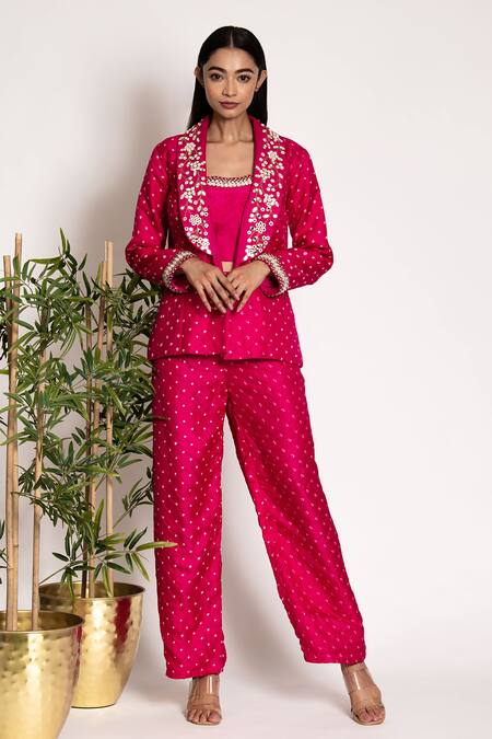 Bandhani_Pink Silk Mirrors, Embroidery Round Neck Mirrorwork Embellished Blazer Pant Set _Online_at_Aza_Fashions