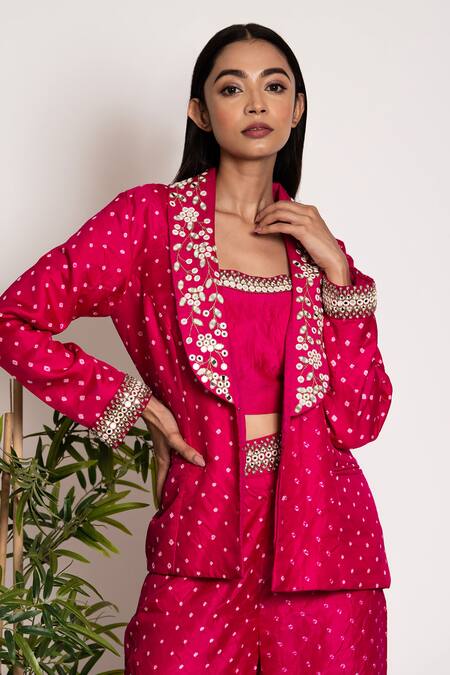 Buy_Bandhani_Pink Silk Mirrors, Embroidery Round Neck Mirrorwork Embellished Blazer Pant Set _Online_at_Aza_Fashions