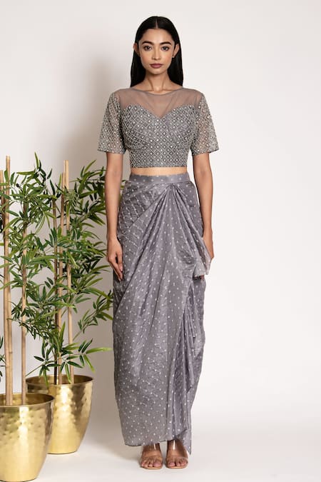 Bandhani_Grey Silk Sequins, Embroidery Bustier With Draped Skirt _Online_at_Aza_Fashions
