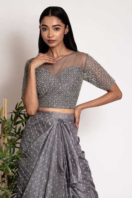 Buy_Bandhani_Grey Silk Sequins, Embroidery Bustier With Draped Skirt _Online_at_Aza_Fashions