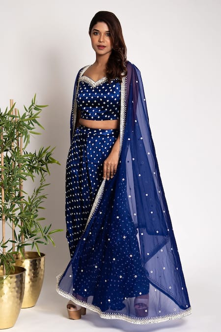 Bandhani_Blue Silk Mirrors Round Neck Sheer Cape Sharara Set _Online_at_Aza_Fashions