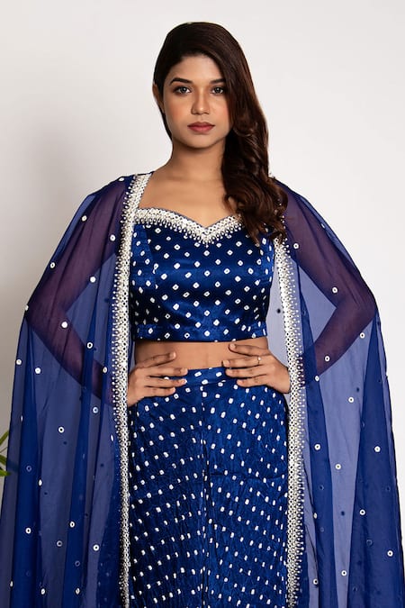 Buy_Bandhani_Blue Silk Mirrors Round Neck Sheer Cape Sharara Set _Online_at_Aza_Fashions
