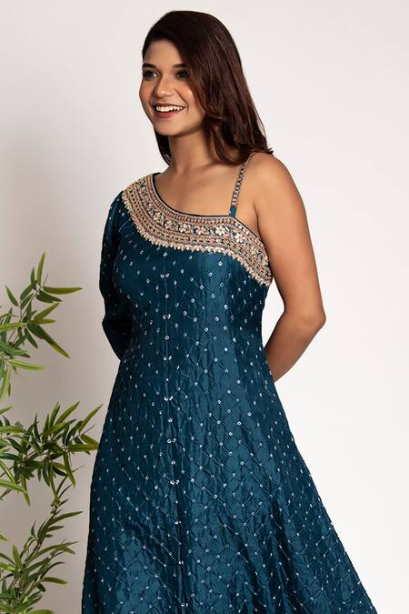 Bandhani Blue Silk Embroidery, Mirrors One Shoulder Bandhani Pattern Tunic Online at Aza Fashions Bandhani_Blue Silk Embroidery, Mirrors One Shoulder Bandhani Pattern Tunic _Online_at_Aza_Fashions