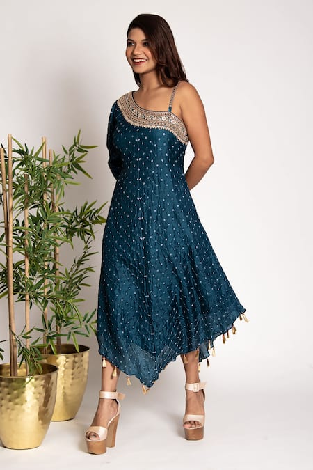Buy Bandhani Blue Silk Embroidery, Mirrors One Shoulder Bandhani Pattern Tunic Online at Aza Fashions Buy_Bandhani_Blue Silk Embroidery, Mirrors One Shoulder Bandhani Pattern Tunic _Online_at_Aza_Fashions