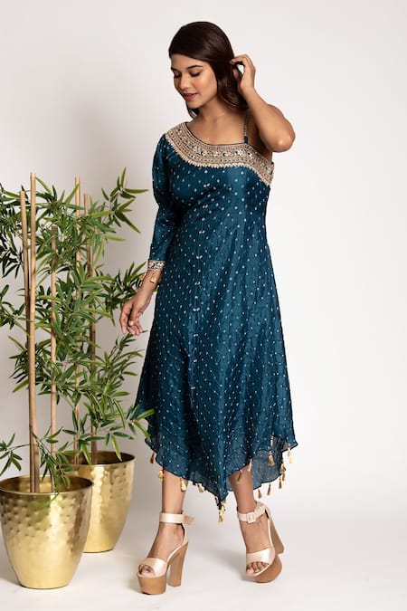 Shop Bandhani Blue Silk Embroidery, Mirrors One Shoulder Bandhani Pattern Tunic Online at Aza Fashions Shop_Bandhani_Blue Silk Embroidery, Mirrors One Shoulder Bandhani Pattern Tunic _Online_at_Aza_Fashions