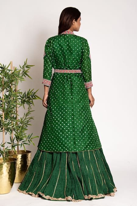 Shop Bandhani Green Silk Pearls, Embroidery Mandarin Bandhani Pattern Jacket Anarkali Set at Aza Fashions Shop_Bandhani_Green Silk Pearls, Embroidery Mandarin Bandhani Pattern Jacket Anarkali Set _at_Aza_Fashions