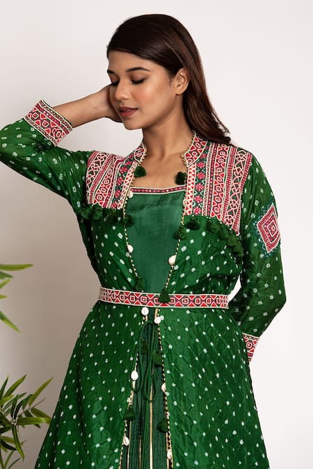 Bandhani Green Silk Pearls, Embroidery Mandarin Bandhani Pattern Jacket Anarkali Set Online at Aza Fashions Bandhani_Green Silk Pearls, Embroidery Mandarin Bandhani Pattern Jacket Anarkali Set _Online_at_Aza_Fashions