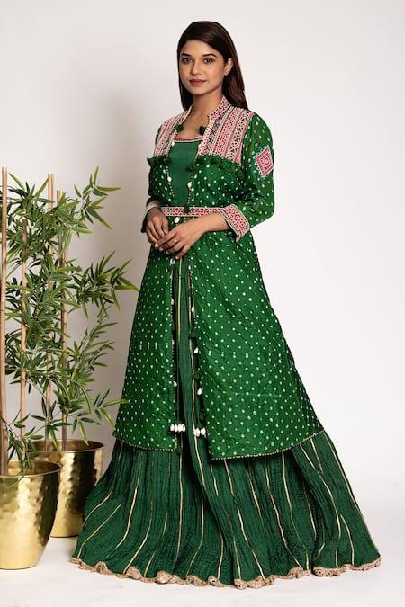 Buy Bandhani Green Silk Pearls, Embroidery Mandarin Bandhani Pattern Jacket Anarkali Set Online at Aza Fashions Buy_Bandhani_Green Silk Pearls, Embroidery Mandarin Bandhani Pattern Jacket Anarkali Set _Online_at_Aza_Fashions