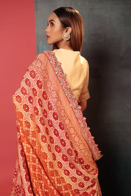 Shop_Bandhani_Red Silk, Georgette Embroidery, Sequins Split Ombre Crush Lehenga Blouse Set _Online_at_Aza_Fashions