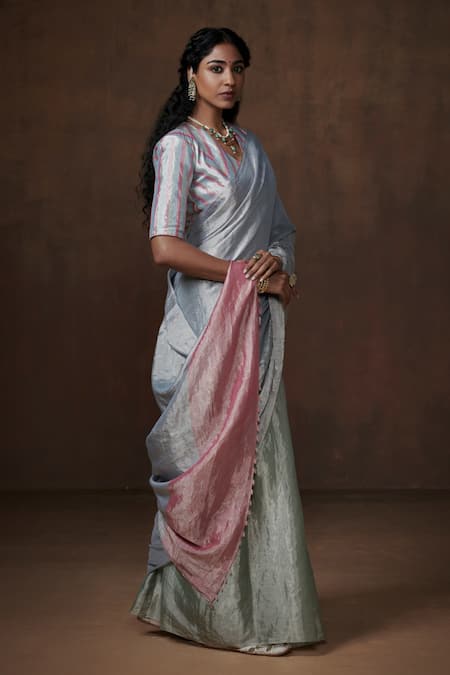 Dressfolk_Blue Chanderi, Tissue Beads Handwoven Border Saree With Running Blouse_Online_at_Aza_Fashions