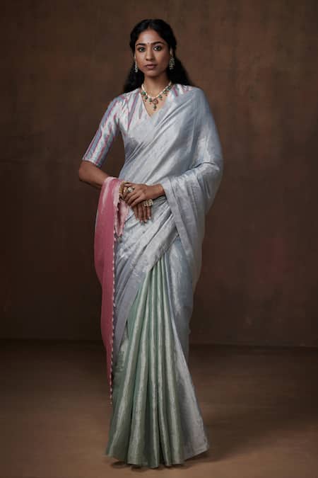 Buy_Dressfolk_Blue Chanderi, Tissue Beads Handwoven Border Saree With Running Blouse_Online_at_Aza_Fashions
